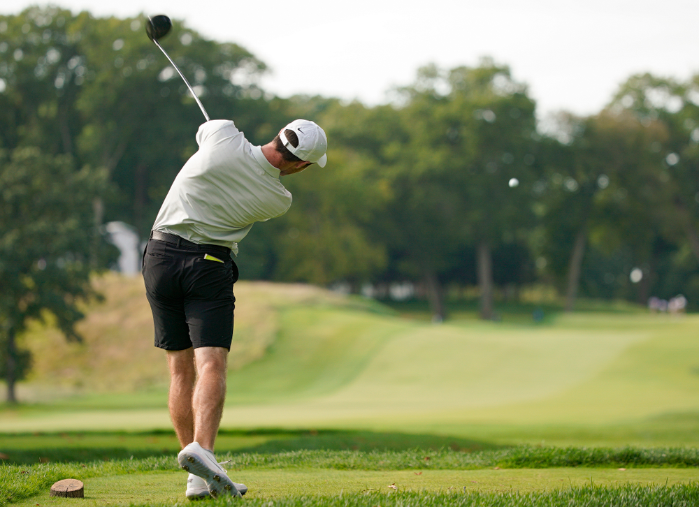Iowa’s Jake Rowe tees off during the second day of the Golfweek Conference Challenge at the Cedar Rapids Country Club in Cedar Rapids on Monday, Sep 16, 2019. (Stephen Mally/hawkeyesports.com)