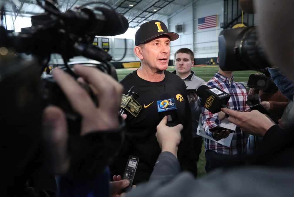 Iowa Hawkeyes head coach Rick Heller answers questions from reporters during their annual media day Thursday, February 6, 2020 at the Indoor Practice Facility. (Brian Ray/hawkeyesports.com)