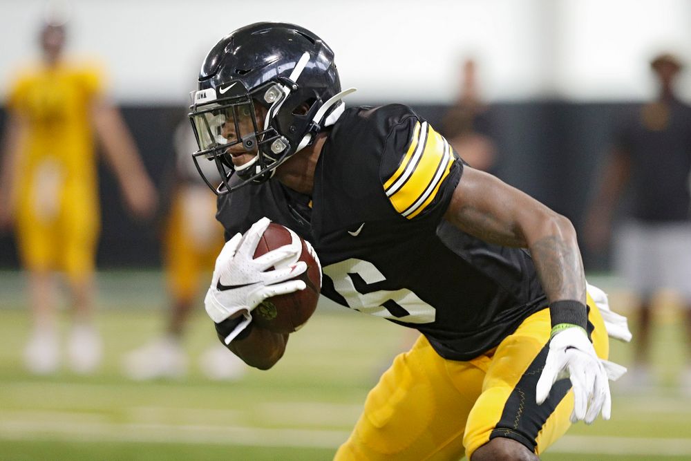 Iowa Hawkeyes wide receiver Ihmir Smith-Marsette (6) looks down field after pulling in a pass during Fall Camp Practice No. 6 at the Hansen Football Performance Center in Iowa City on Thursday, Aug 8, 2019. (Stephen Mally/hawkeyesports.com)