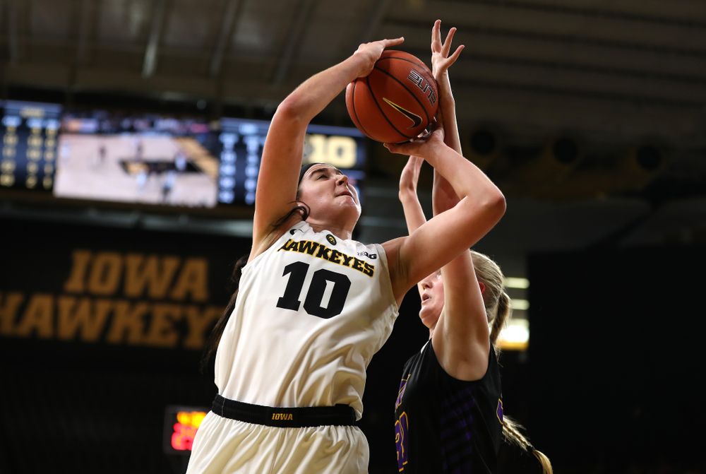 Iowa Hawkeyes forward Megan Gustafson (10) against the Northern Iowa Panthers in the Hy-Vee Classic Sunday, December 16, 2018 at Carver-Hawkeye Arena. (Brian Ray/hawkeyesports.com)