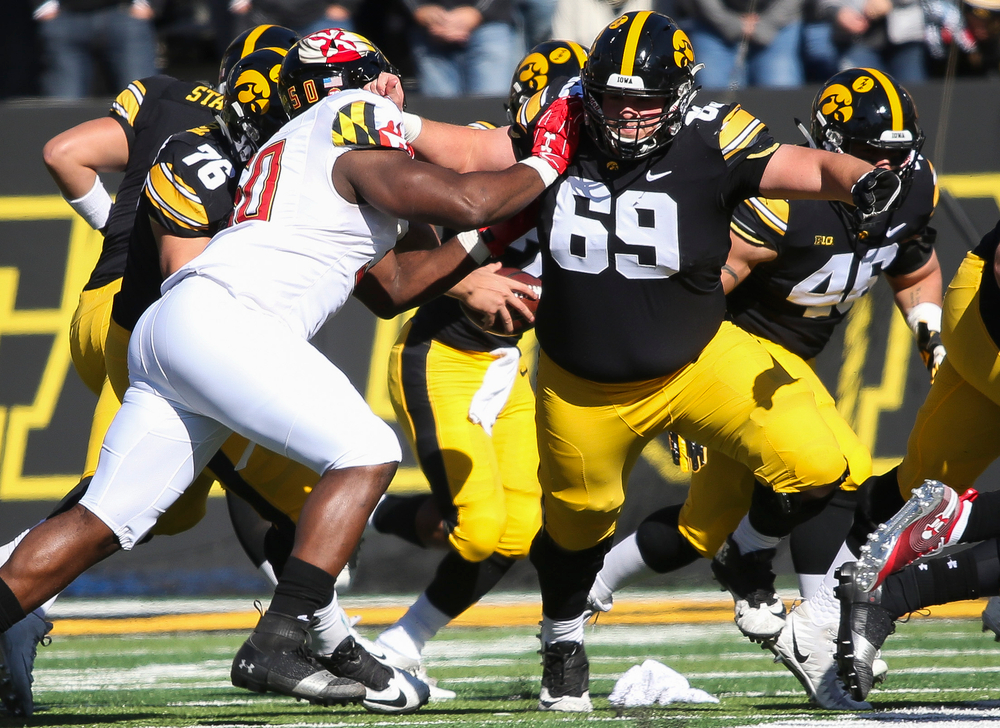 Iowa Hawkeyes offensive lineman Keegan Render (69) blocks during a game against Maryland at Kinnick Stadium on October 20, 2018. (Tork Mason/hawkeyesports.com)
