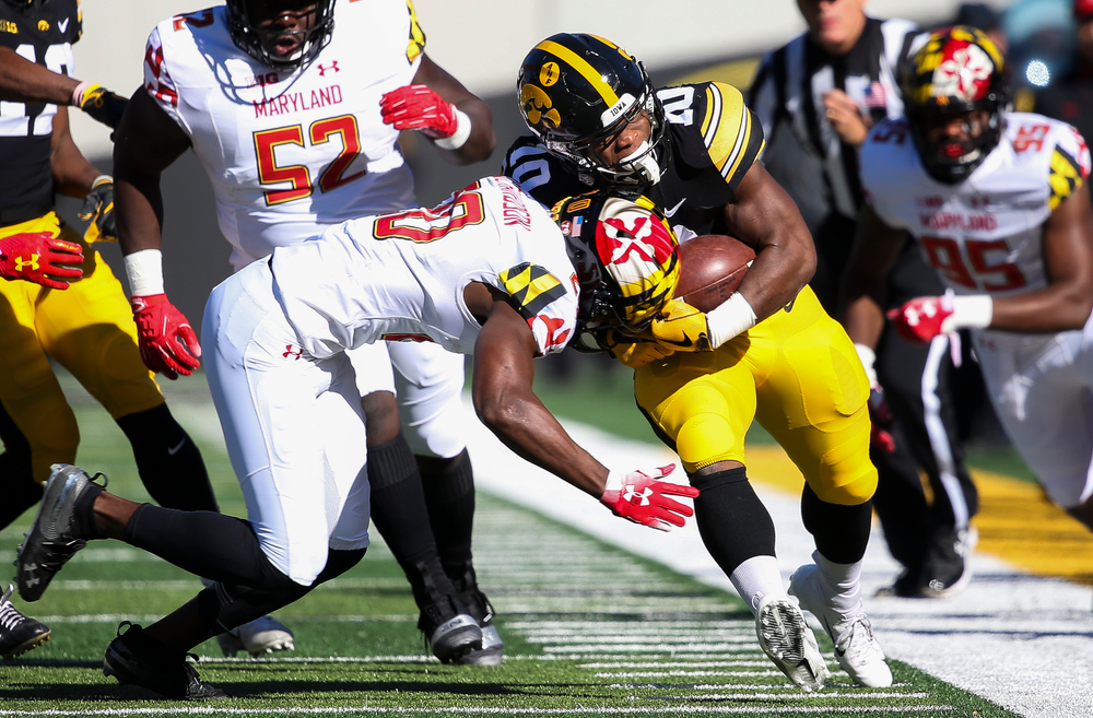Iowa Hawkeyes running back Mekhi Sargent (10) runs the ball during a game against Maryland at Kinnick Stadium on October 20, 2018. (Tork Mason/hawkeyesports.com)