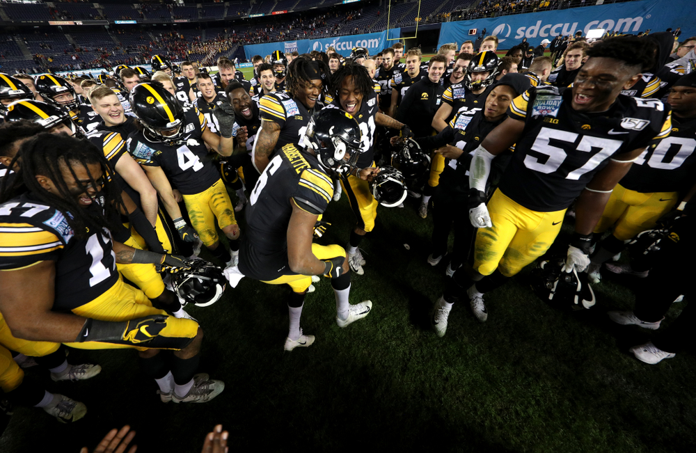 Iowa Hawkeyes wide receiver Ihmir Smith-Marsette (6) dances as they celebrate their win against USC in the Holiday Bowl Friday, December 27, 2019 at San Diego Community Credit Union Stadium. (Brian Ray/hawkeyesports.com)