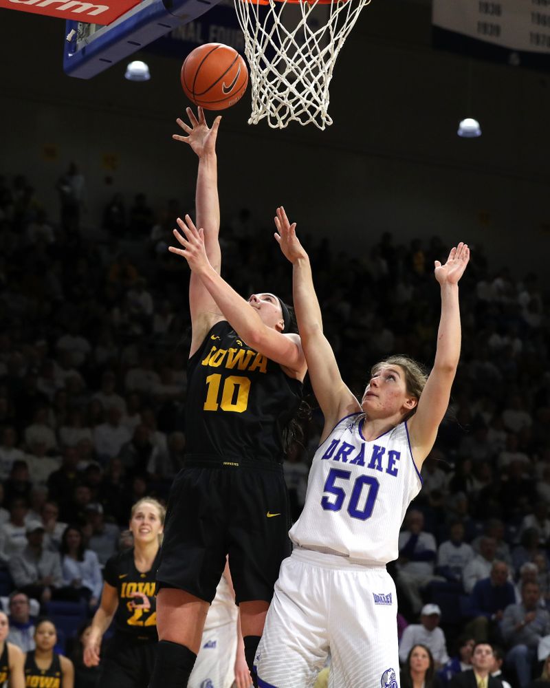 Iowa Hawkeyes forward Megan Gustafson (10) against the Drake Bulldogs Friday, December 21, 2018 at the Knapp Center in Des Moines. (Brian Ray/hawkeyesports.com)