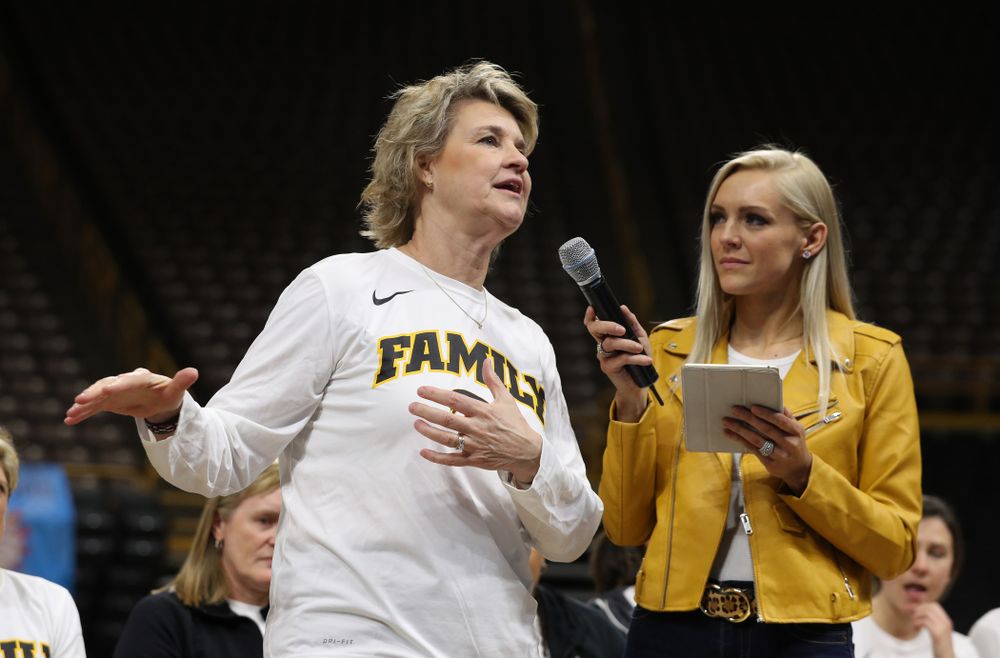 Iowa Hawkeyes head coach Lisa Bluder during a celebration of their Big Ten Women's Basketball Tournament championship Monday, March 18, 2019 at Carver-Hawkeye Arena. (Brian Ray/hawkeyesports.com)