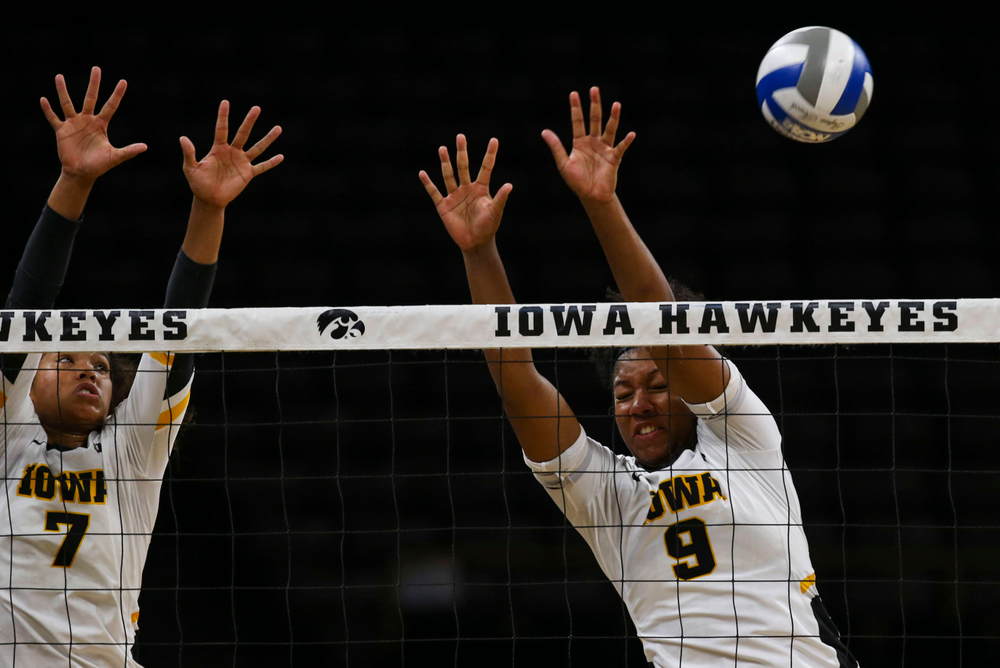 Iowa Hawkeyes setter Brie Orr (7) and Iowa Hawkeyes middle blocker Amiya Jones (9) against Coastal Carolina Friday, September 20, 2019 at Carver-Hawkeye Arena. (Lily Smith/hawkeyesports.com)