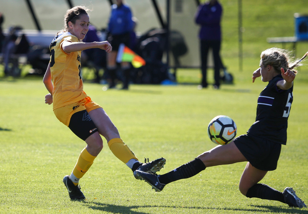 Iowa Hawkeyes midfielder Josie Durr (25) takes a shot during a game against Northwestern at the Iowa Soccer Complex on October 21, 2018. (Tork Mason/hawkeyesports.com)