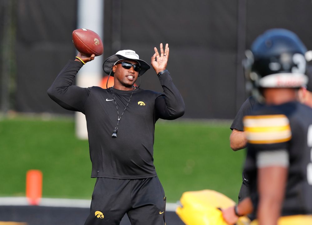 against the Iowa Hawkeyes wide receivers coach Kelton Copeland during camp practice No. 16 Tuesday, August 21, 2018 at the Hansen Football Performance Center. (Brian Ray/hawkeyesports.com)