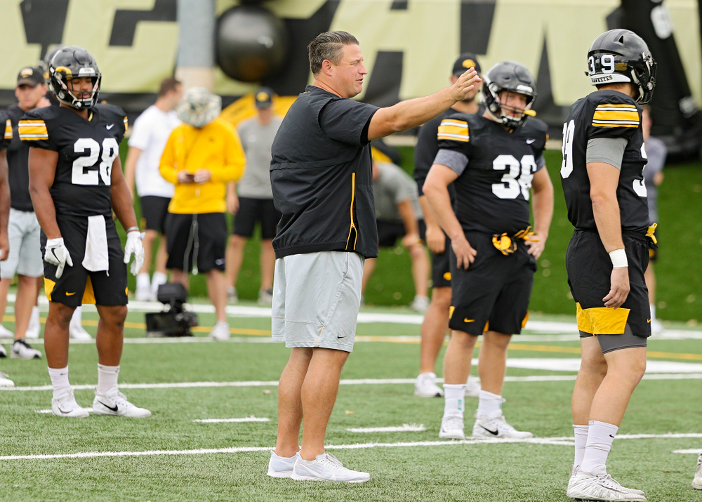 Iowa Hawkeyes offensive coordinator Brian Ferentz talks with the offense during Fall Camp Practice No. 15 at the Hansen Football Performance Center in Iowa City on Monday, Aug 19, 2019. (Stephen Mally/hawkeyesports.com)