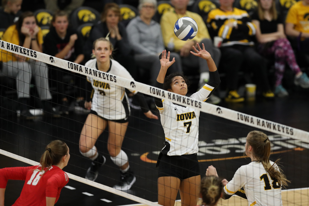 Iowa Hawkeyes setter Gabrielle Orr (7) against the Ohio State Buckeyes Saturday, November 24, 2018 at Carver-Hawkeye Arena. (Brian Ray/hawkeyesports.com)