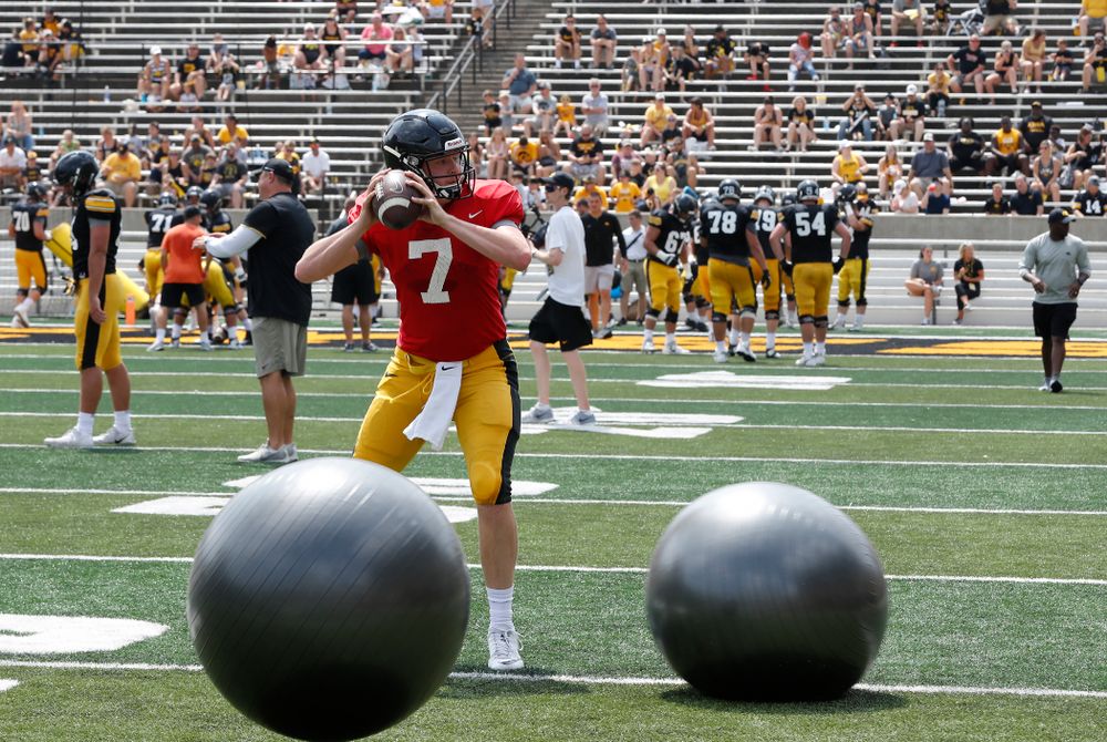 Iowa Hawkeyes quarterback Spencer Petras (7) during Kids Day Saturday, August 11, 2018 at Kinnick Stadium. (Brian Ray/hawkeyesports.com)