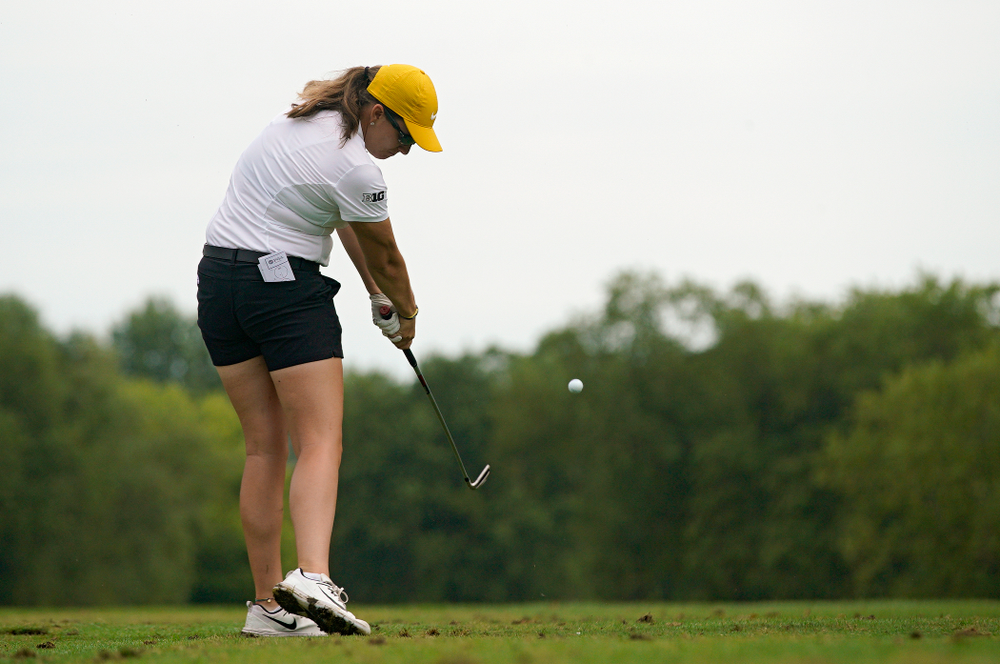 Iowa’s Sarah Overton tees off during their dual against Northern Iowa at Pheasant Ridge Golf Course in Cedar Falls on Monday, Sep 2, 2019. (Stephen Mally/hawkeyesports.com)
