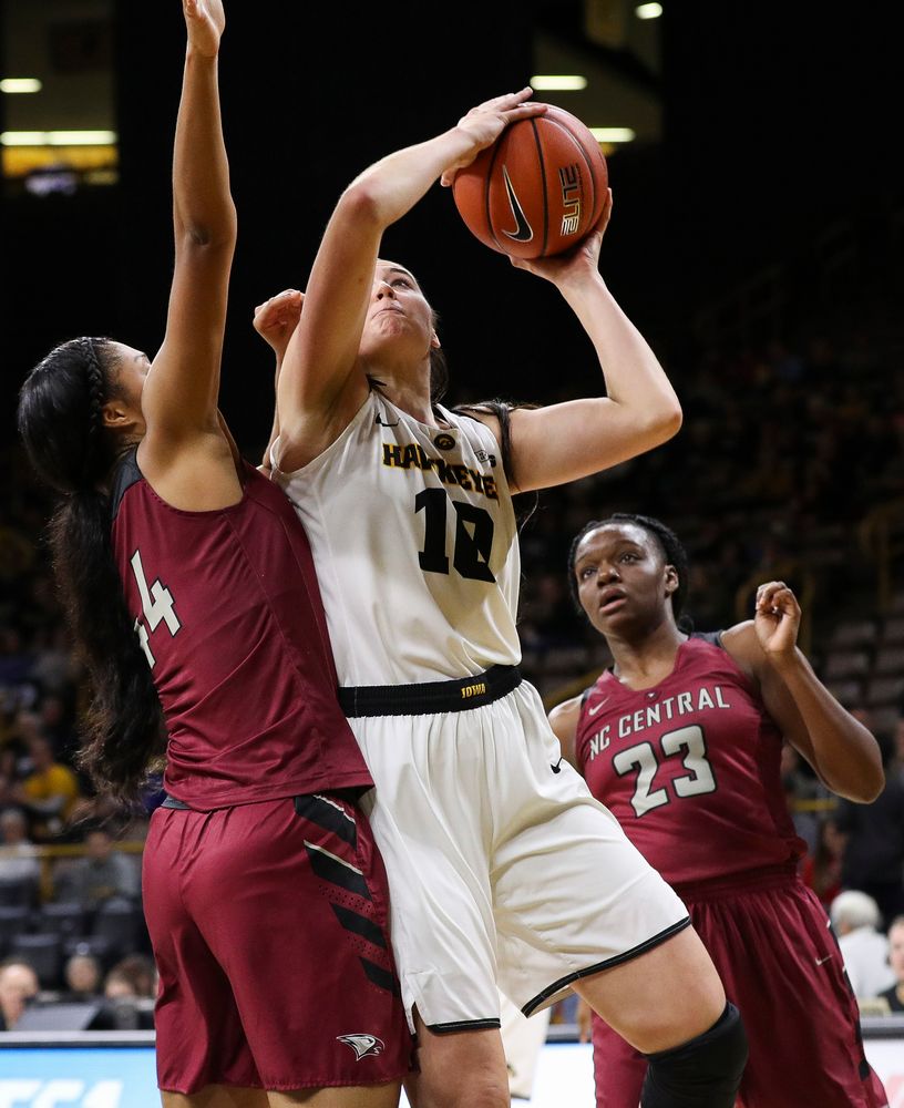 Iowa Hawkeyes forward Megan Gustafson (10) goes up for a shot during a game against North Carolina Central at Carver-Hawkeye Arena on November 17, 2018. (Tork Mason/hawkeyesports.com)