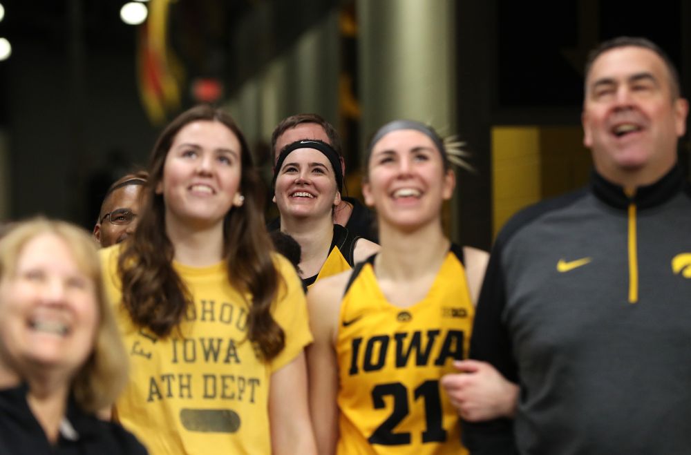 Iowa Hawkeyes forward Megan Gustafson (10) during senior day ceremonies following their game against the Northwestern Wildcats Sunday, March 3, 2019 at Carver-Hawkeye Arena. (Brian Ray/hawkeyesports.com)