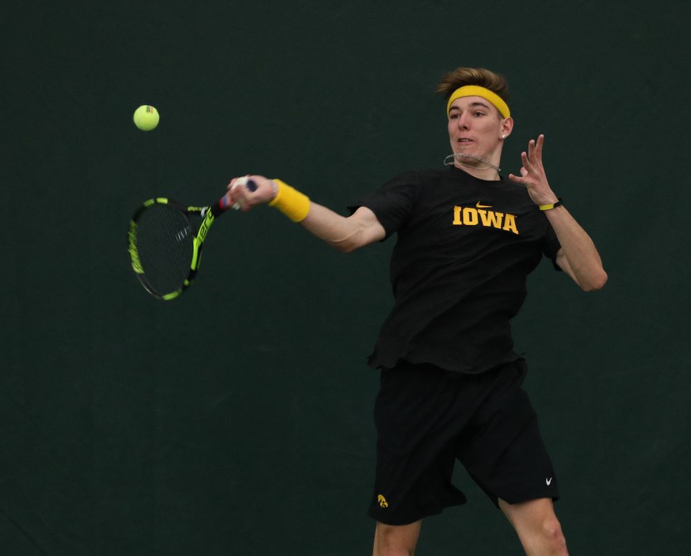 Iowa's Nikita Snezhko against UMKC Friday, February 15, 2019 at the Hawkeye Tennis and Recreation Complex. (Brian Ray/hawkeyesports.com)