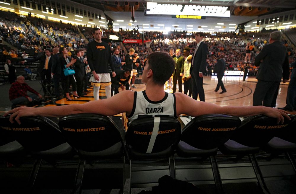 Iowa Hawkeyes center Luka Garza (55) waits to be introduced before their game at Carver-Hawkeye Arena in Iowa City on Sunday, Nov 24, 2019. (Stephen Mally/hawkeyesports.com)
