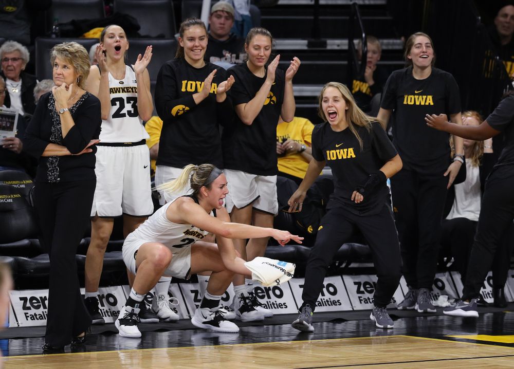 Iowa Hawkeyes forward Hannah Stewart (21) and guard Kathleen Doyle (22) against Dakota Wesleyan University Tuesday, November 6, 2018 at Carver-Hawkeye Arena. (Brian Ray/hawkeyesports.com)