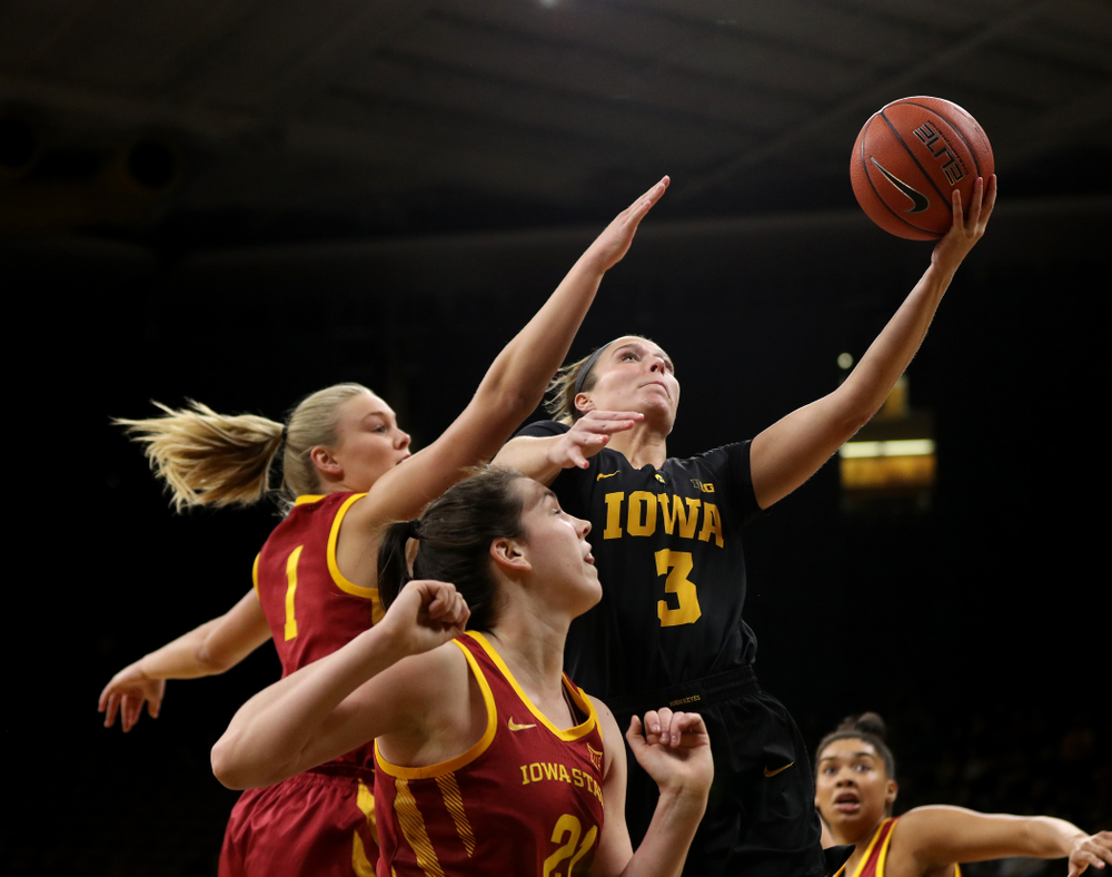 Iowa Hawkeyes guard Makenzie Meyer (3) against the Iowa State Cyclones in the Iowa Corn Cy-Hawk Series Wednesday, December 5, 2018 at Carver-Hawkeye Arena. (Brian Ray/hawkeyesports.com)