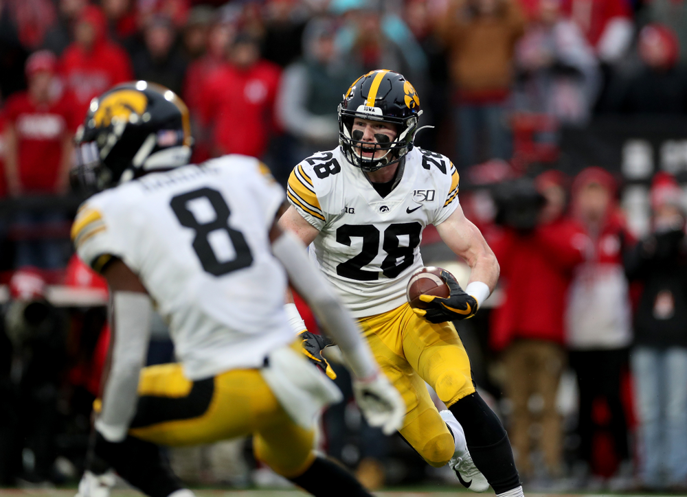 Iowa Hawkeyes defensive back Jack Koerner (28) intercepts a pass against the Nebraska Cornhuskers Friday, November 29, 2019 at Memorial Stadium in Lincoln, Neb. (Brian Ray/hawkeyesports.com)