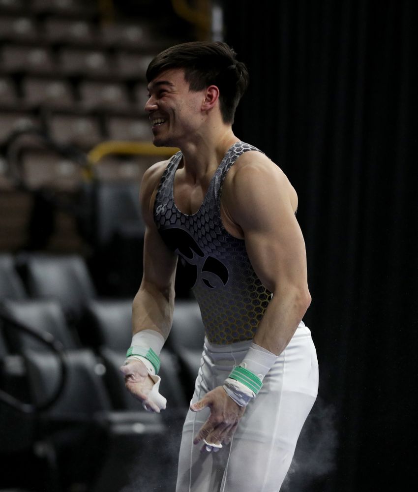 Iowa’s Brandon Wong competes on the rings against Illinois Sunday, March 1, 2020 at Carver-Hawkeye Arena. (Brian Ray/hawkeyesports.com)