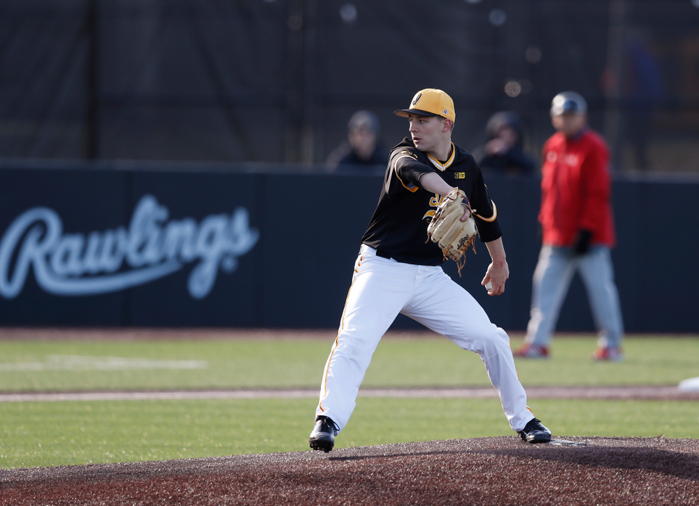 Iowa Hawkeyes pitcher Cam Baumann (35) against Grand View Wednesday, April 4, 2018 at Duane Banks Field. (Brian Ray/hawkeyesports.com)