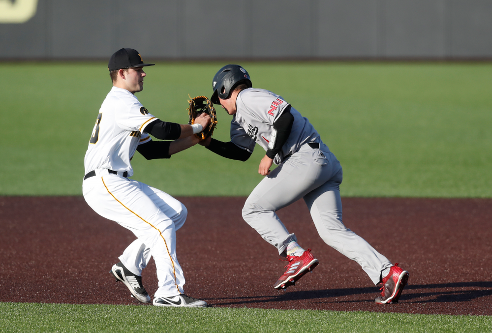Iowa Hawkeyes infielder Kyle Crowl (23) against Northern Illinois Tuesday, April 17, 2018 at Duane Banks Field. (Brian Ray/hawkeyesports.com)