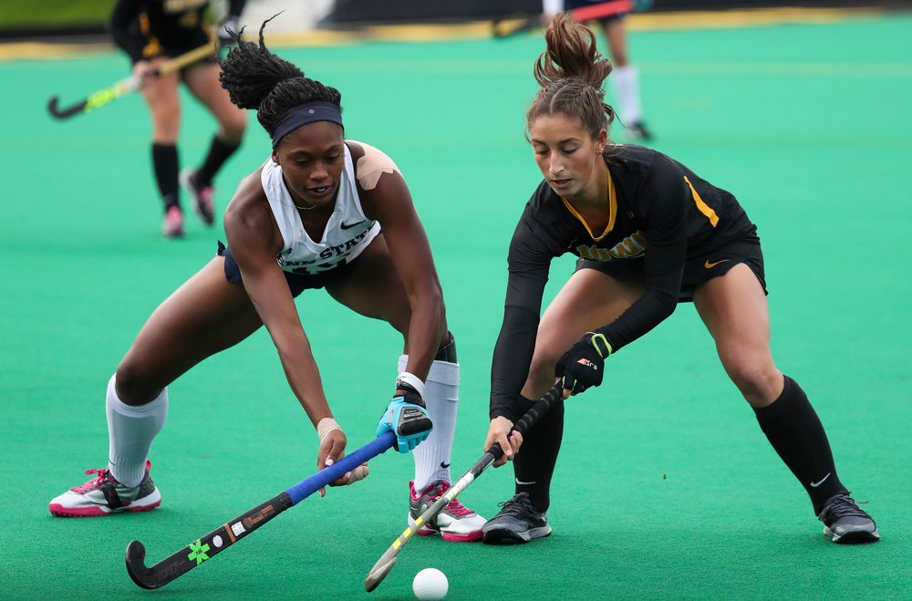 Iowa Hawkeyes forward Isabella Solaroli (16) works to maintain possession during a game against No. 6 Penn State at Grant Field on October 12, 2018. (Tork Mason/hawkeyesports.com)
