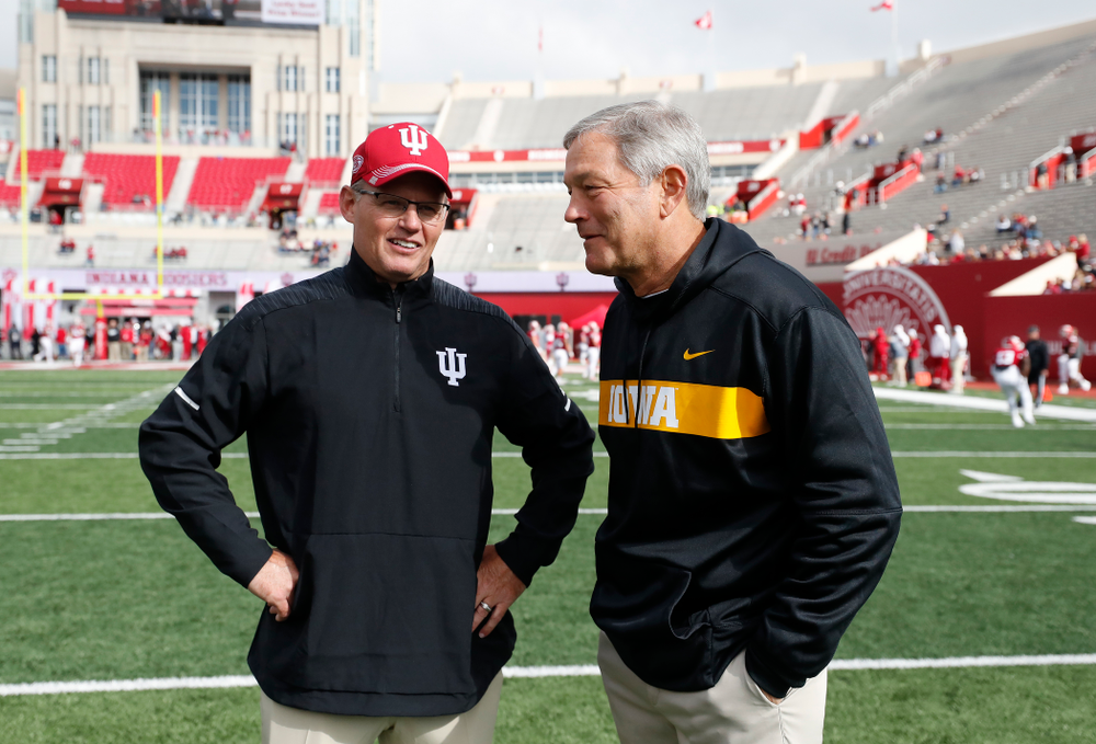 Iowa Hawkeyes head coach Kirk Ferentz and Indiana Hoosiers head coach Tom Allen Saturday, October 13, 2018 at Memorial Stadium, in Bloomington, Ind. (Brian Ray/hawkeyesports.com)