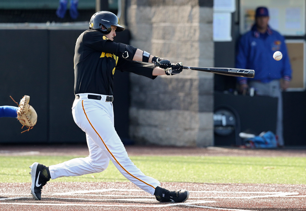 Iowa first baseman Peyton Williams (45) bats during the first inning of their college baseball game at Duane Banks Field in Iowa City on Tuesday, March 10, 2020. (Stephen Mally/hawkeyesports.com)