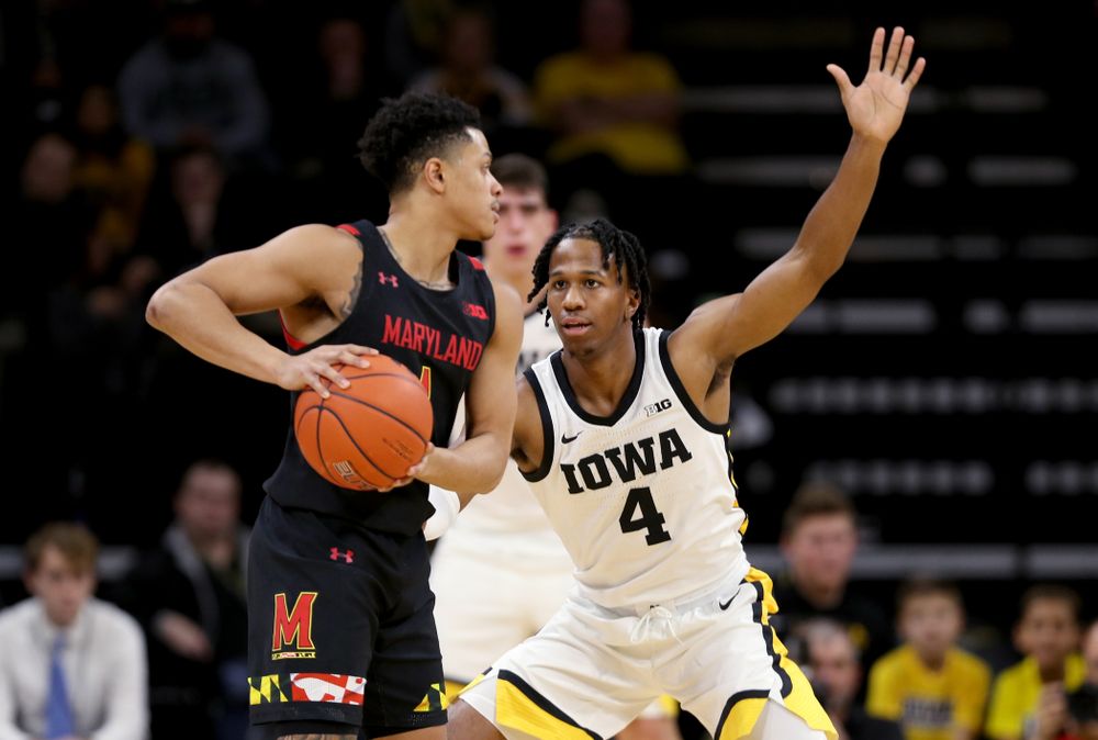 Iowa Hawkeyes guard Bakari Evelyn (4) against the Maryland Terrapins Friday, January 10, 2020 at Carver-Hawkeye Arena. (Brian Ray/hawkeyesports.com)