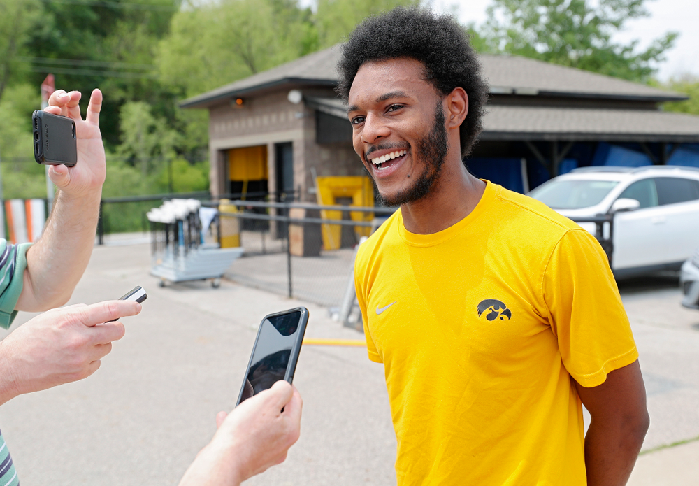 Iowa’s Mar’yea Harris answers questions during a media availability at Francis X. Cretzmeyer Track in Iowa City on Friday, May 31, 2019. (Stephen Mally/hawkeyesports.com)