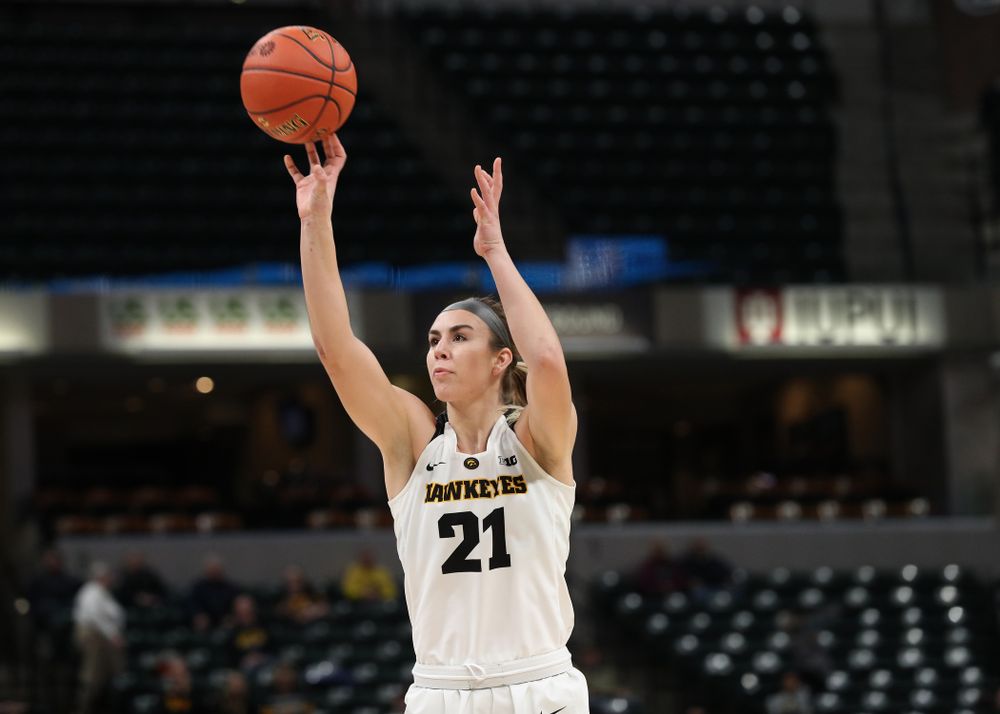 Iowa Hawkeyes forward Hannah Stewart (21) against the Indiana Hoosiers in the quarterfinals of the Big Ten Tournament Friday, March 8, 2019 at Bankers Life Fieldhouse in Indianapolis, Ind. (Brian Ray/hawkeyesports.com)