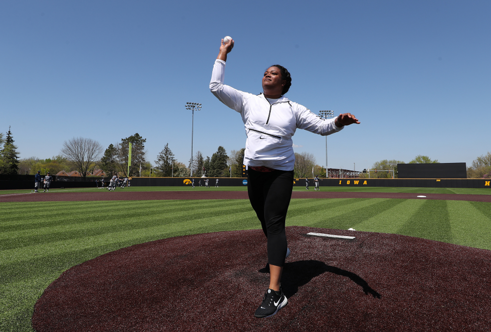 Iowa Track and FieldÕs Laulauga Tausaga throws out a first pitch before the Iowa Hawkeyes second game against UC Irvine Saturday, May 4, 2019 at Duane Banks Field. (Brian Ray/hawkeyesports.com)