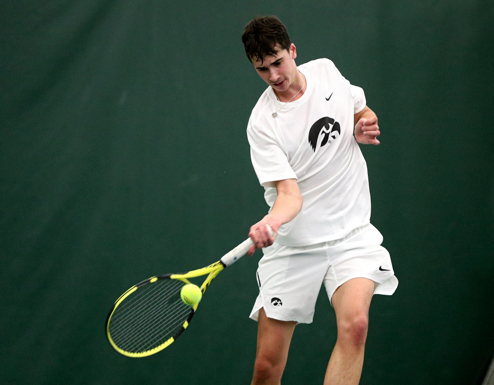 Iowa’s Matt Clegg during his singles match at the Hawkeye Tennis and Recreation Complex in Iowa City on Sunday, February 16, 2020. (Stephen Mally/hawkeyesports.com)