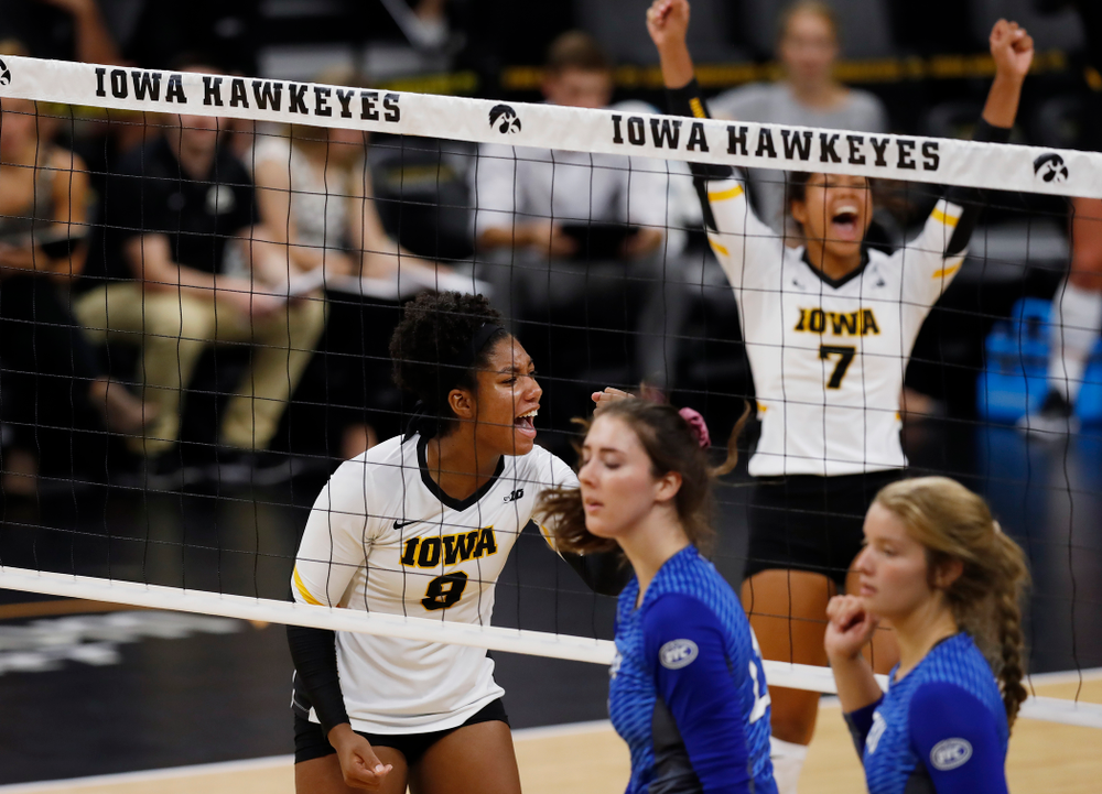 Iowa Hawkeyes middle blocker Amiya Jones (9) against Eastern Illinois Sunday, September 9, 2018 at Carver-Hawkeye Arena. (Brian Ray/hawkeyesports.com)