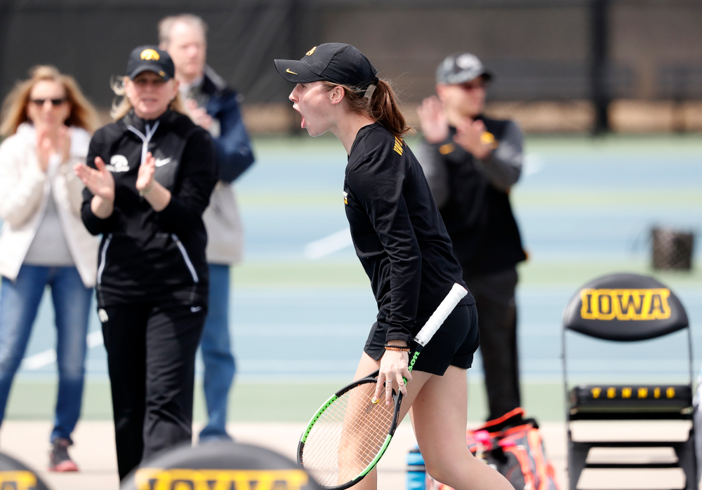 Elise Van Heuvelen and Anastasia Reimchen play a doubles match against the Wisconsin Badgers Sunday, April 22, 2018 at the Hawkeye Tennis and Recreation Center. (Brian Ray/hawkeyesports.com)