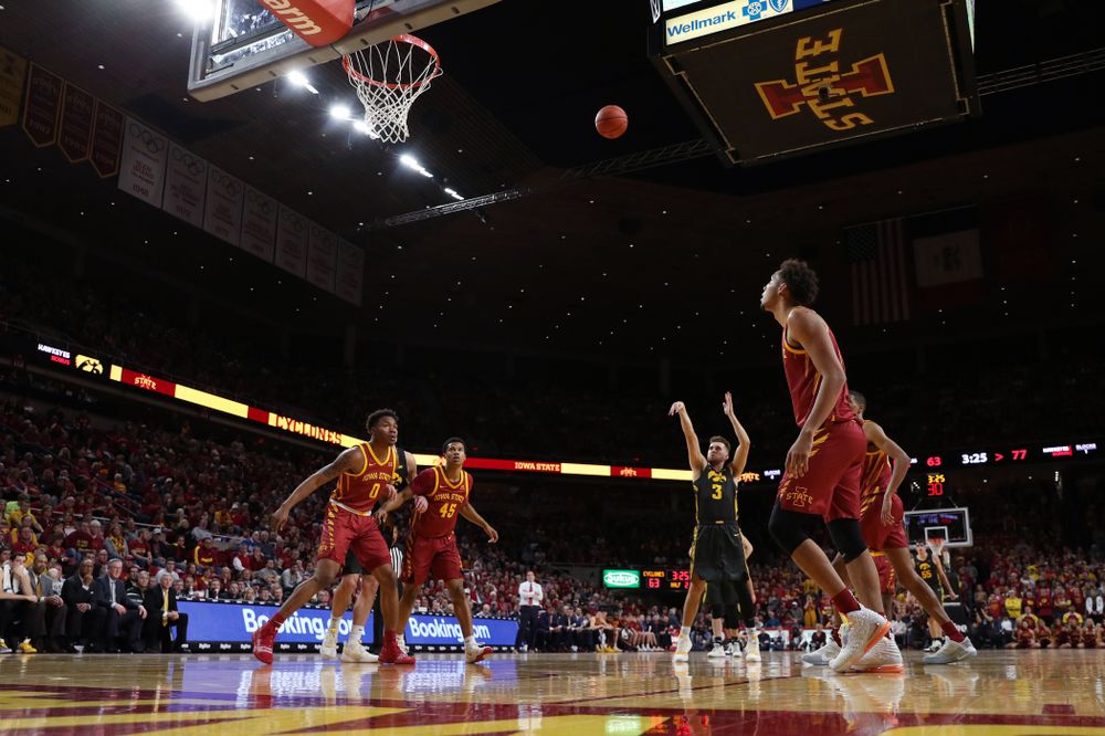 Iowa Hawkeyes guard Jordan Bohannon (3) shoots free throws late in the game against the Iowa State Cyclones Thursday, December 12, 2019 at Hilton Coliseum in Ames, Iowa(Brian Ray/hawkeyesports.com)