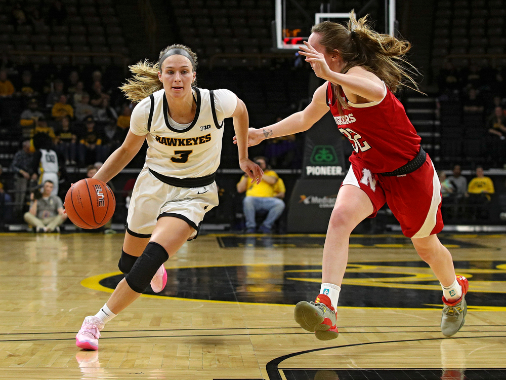 Iowa Hawkeyes guard Makenzie Meyer (3) drives with the ball during the second quarter of the game at Carver-Hawkeye Arena in Iowa City on Thursday, February 6, 2020. (Stephen Mally/hawkeyesports.com)