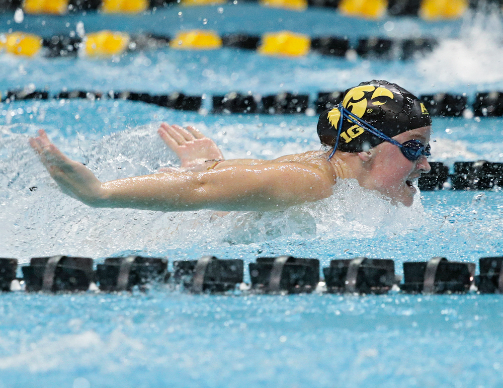Iowa’s Ariel Wooden swims the women’s 50-yard butterfly event during their meet against Michigan State at the Campus Recreation and Wellness Center in Iowa City on Thursday, Oct 3, 2019. (Stephen Mally/hawkeyesports.com)