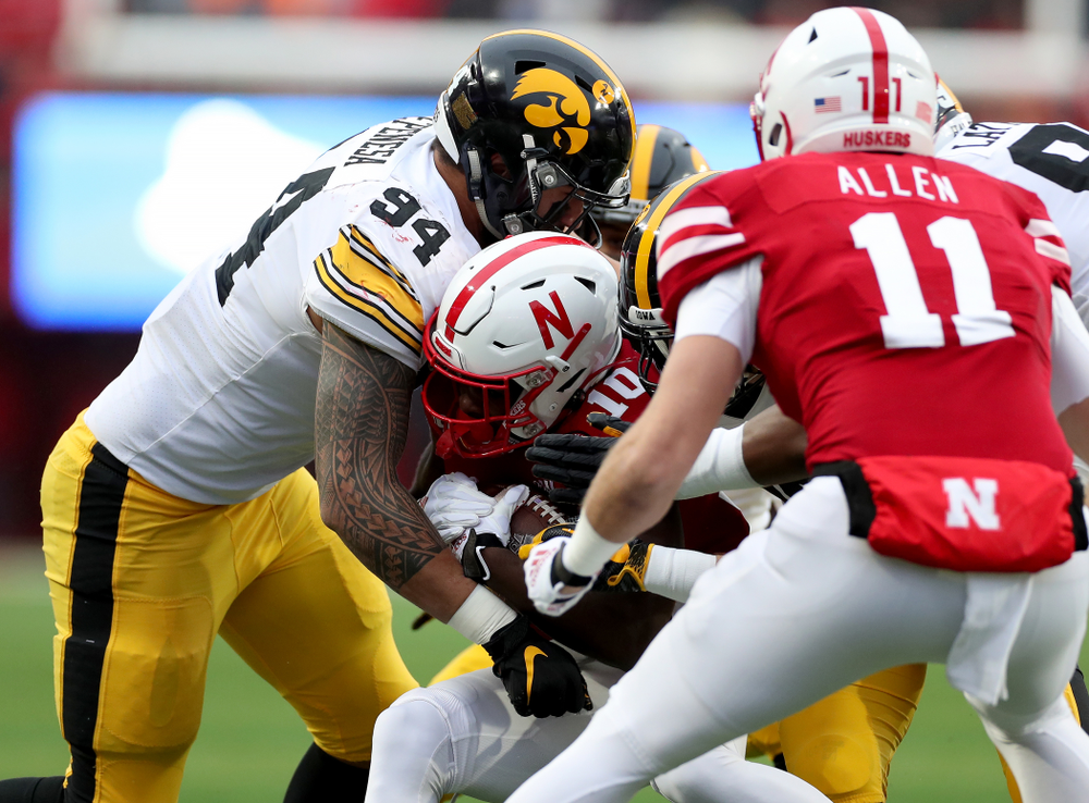 Iowa Hawkeyes defensive end A.J. Epenesa (94) against the Nebraska Cornhuskers Friday, November 29, 2019 at Memorial Stadium in Lincoln, Neb. (Brian Ray/hawkeyesports.com)