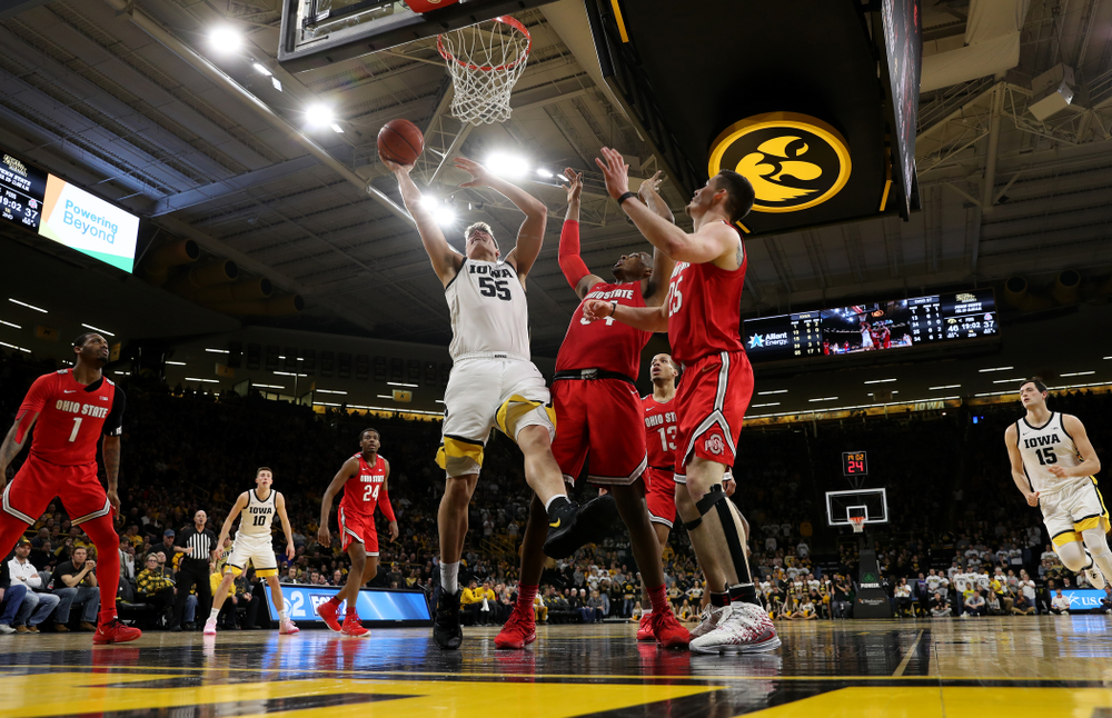 Iowa Hawkeyes forward Luka Garza (55) against the Ohio State Buckeyes Thursday, February 20, 2020 at Carver-Hawkeye Arena. (Brian Ray/hawkeyesports.com)