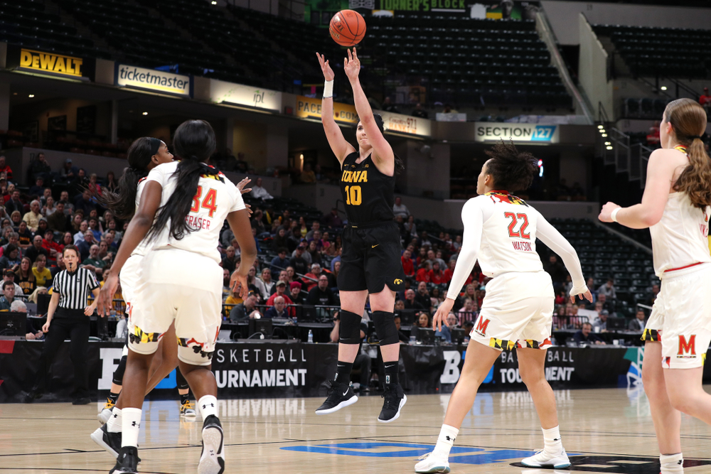 Iowa Hawkeyes forward Megan Gustafson (10) against the Maryland Terrapins Sunday, March 10, 2019 at Bankers Life Fieldhouse in Indianapolis, Ind. (Brian Ray/hawkeyesports.com)