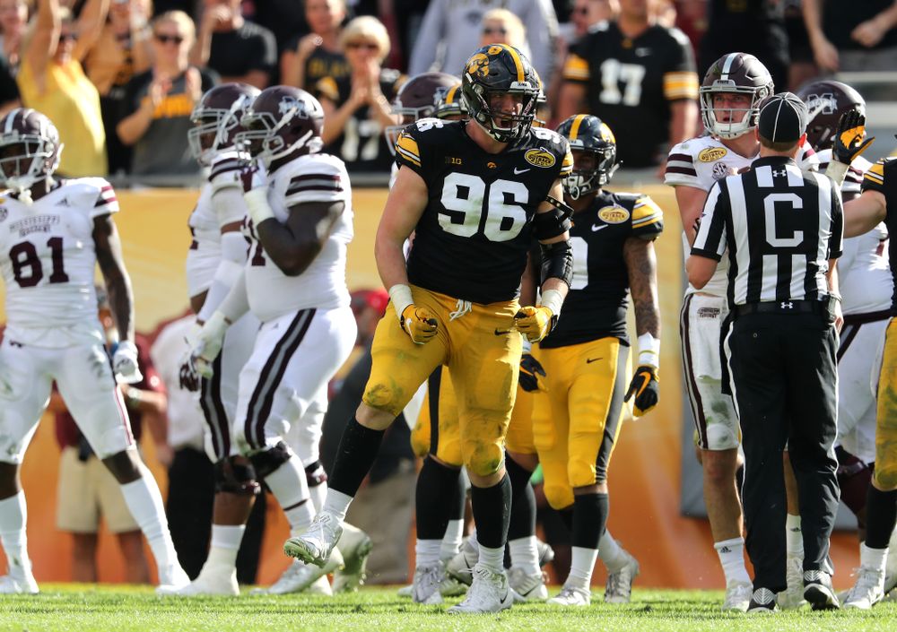 Iowa Hawkeyes defensive end Matt Nelson (96) during their Outback Bowl Tuesday, January 1, 2019 at Raymond James Stadium in Tampa, FL. (Brian Ray/hawkeyesports.com)