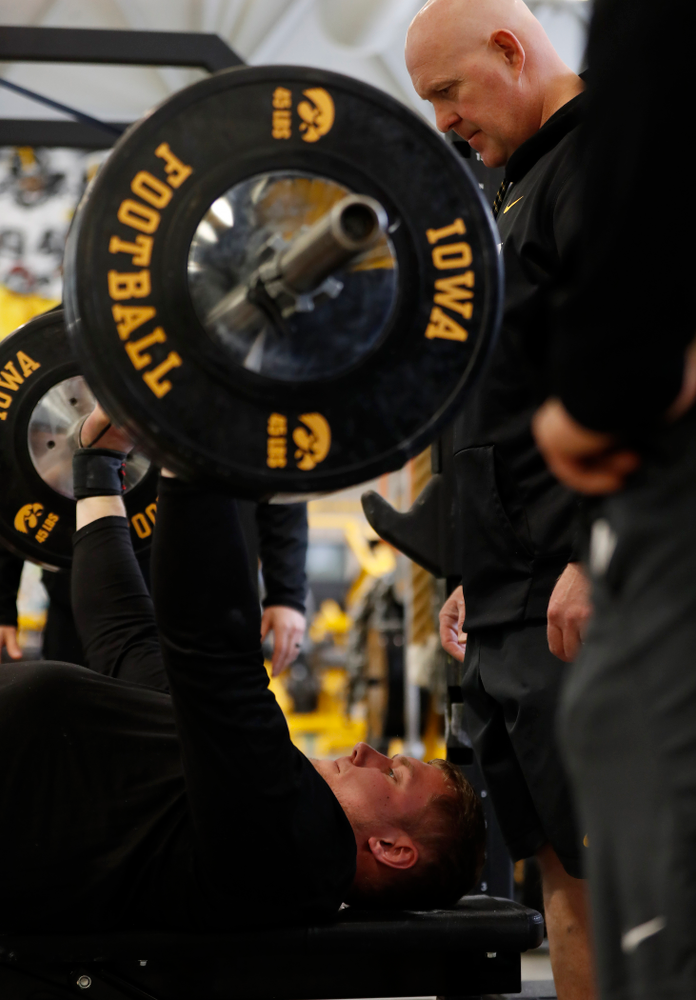 Iowa Hawkeyes offensive lineman Boone Myers (52) during the team's annual pro day Monday, March 26, 2018 at the Hansen Football Performance Center. (Brian Ray/hawkeyesports.com)