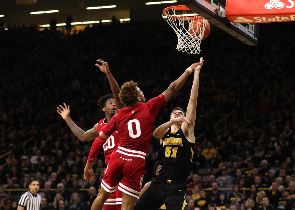 Iowa Hawkeyes forward Nicholas Baer (51) against the Indiana Hoosiers Friday, February 22, 2019 at Carver-Hawkeye Arena. (Brian Ray/hawkeyesports.com)