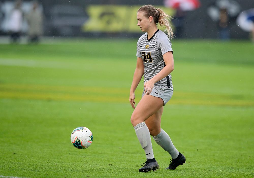 Iowa defender Sara Wheaton (24) eyes the ball during the first half of their match at the Iowa Soccer Complex in Iowa City on Sunday, Sep 29, 2019. (Stephen Mally/hawkeyesports.com)