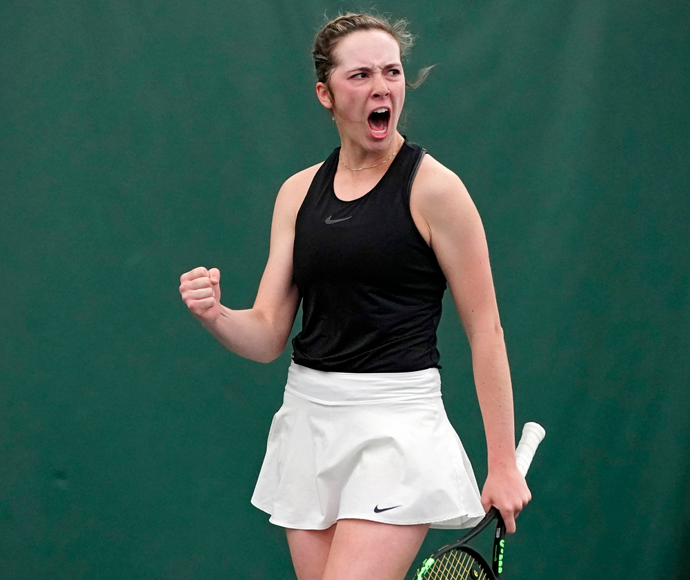 Iowa's Samantha Mannix celebrates a point during a match against Indiana at the Hawkeye Tennis and Recreation Complex in Iowa City on Sunday, Mar. 31, 2019. (Stephen Mally/hawkeyesports.com)