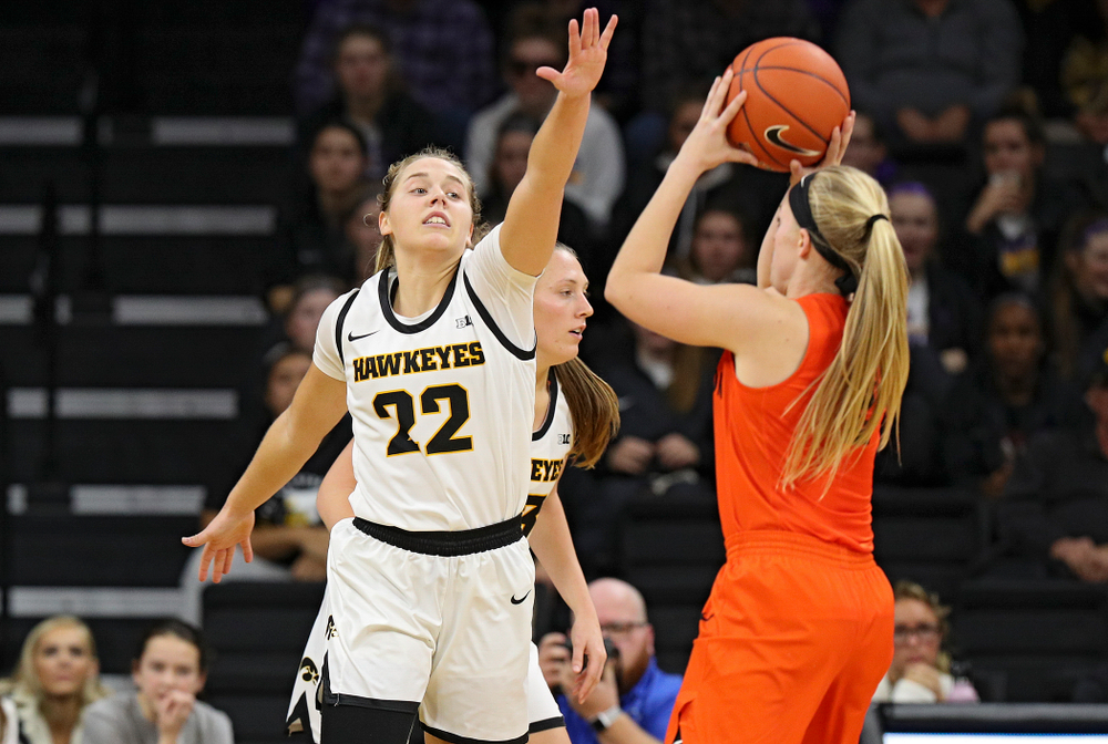 Iowa guard Kathleen Doyle (22) defends during overtime in their win against Princeton at Carver-Hawkeye Arena in Iowa City on Wednesday, Nov 20, 2019. (Stephen Mally/hawkeyesports.com)