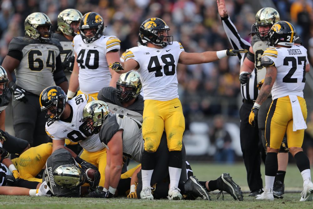 Iowa Hawkeyes linebacker Jack Hockaday (48) against the Purdue Boilermakers Saturday, November 3, 2018 Ross Ade Stadium in West Lafayette, Ind. (Brian Ray/hawkeyesports.com)