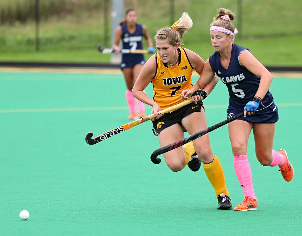 Iowa’s Ellie Holley (7) closes in on the ball during the third quarter of their game against UC Davis at Grant Field in Iowa City on Sunday, Oct 6, 2019. (Stephen Mally/hawkeyesports.com)